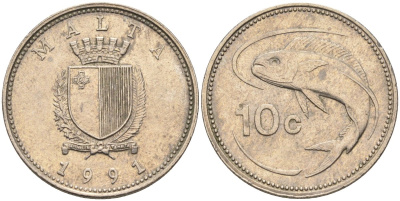 Мальта 10 центов 1991 золотая макрель KM 96 медно-никель 4588-233