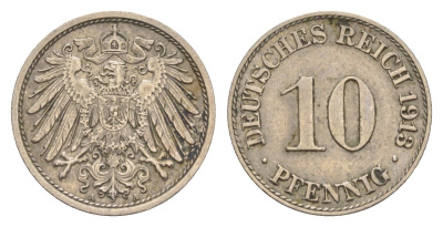 Германия 10 пфеннигов 1913 A KM 12, Jager 13, Weege 8 медно-никель 4630-265