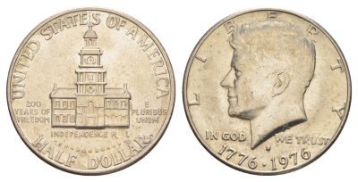 США 1/2 доллара (50 центов) 1976 D, 200 лет независимости, Джон Кеннеди KM 205 медь плакированная медно-никелем aUNC 4545-542