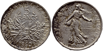 Франция 5 франков 1960 сеятель KM 926, LE FRANC 340.4 серебро 633-1024