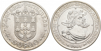 ПОРТУГАЛИЯ 50 ЭСКУДО 1968 500 ЛЕТ ПЕДРО АЛЬВАРЕСУ, НАВИГАТОРУ, ПЕРВООТКРЫВАТЕЛЮ БРАЗИЛИИ KM 593 серебро UNC 4537-1025