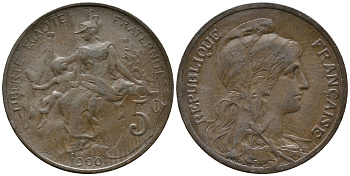 ФРАНЦИЯ 5 САНТИМОВ 1900 ТИП ДАНИЭЛЬ ДЮПЮИ KM 842, LE FRANC 119.9 бронза 34-1222