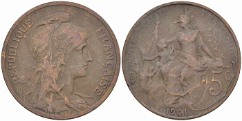 ФРАНЦИЯ 5 САНТИМОВ 1901 ТИП ДАНИЭЛЬ ДЮПЮИ KM 842, LE FRANC 119.11 бронза 108-831