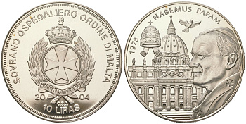 Мальтийский орден 10 лир 2004 Жизнь Папы, Иоанн Павел II - у нас есть Папа (Habemus Papam), избрание Папы в 1978, тираж 5.000 экземпляров медно-никель PROOF 1529-334