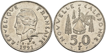 Французская Новая Каледония 50 франков 1991 хижина среди сосен и пальм, (IEOM) KM 13, Schoen 15, Lec 121 никель 4120-1211