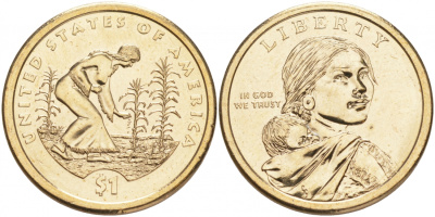 США 1 доллар 2009 P, Коренные Американцы - Посадка культур KM 467 медь с марганцево-латунным покрытием UNC  M31-07