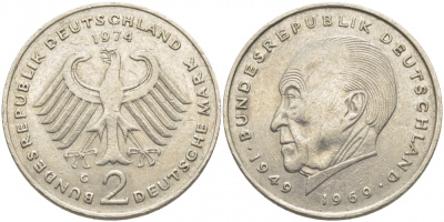 ФРГ 2 МАРКИ 1974 G, КОНРАД АДЕНАУЭР KM 124, J. 406 медно-никель плакированный никелем 3856-247