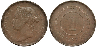 Стрейтс-Сетлментс 1 цент 1874 Виктория (1837-1901) KM 9 бронза 4557-911
