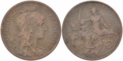 ФРАНЦИЯ 5 САНТИМОВ 1901 ТИП ДАНИЭЛЬ ДЮПЮИ KM 842, LE FRANC 119.11 бронза 108-831
