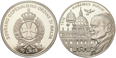 Мальтийский орден 10 лир 2004 Жизнь Папы, Иоанн Павел II - у нас есть Папа (Habemus Papam), избрание Папы в 1978, тираж 5.000 экземпляров медно-никель PROOF 1529-334