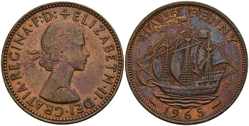 Великобритания 1/2 пенни 1965 Елизавета II (1952-2022) KM 896, Spink 4158 бронза 4159-755