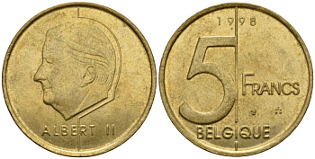 Бельгия 5 франков 1998 Belgique, Альберт II (1994-2013) KM 189 алюминиевая бронза 4601-224