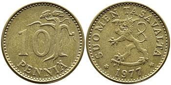 ФИНЛЯНДИЯ 10 ПЕННИ 1977 K KM 46 алюминиевая бронза 76-321