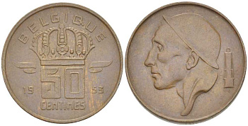 БЕЛЬГИЯ 50 САНТИМОВ 1953 BELGIQUE, БОДУЭН I (1951-1993) KM 144 бронза 206-161