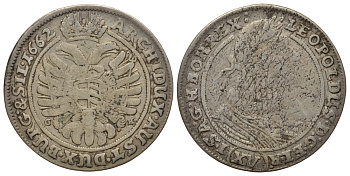 Австрия, Священная Римская империя 15 крейцеров 1662 GH, монетный двор Бреслау,  Леопольд I (1658-1705) KM 1143 серебро 413-614