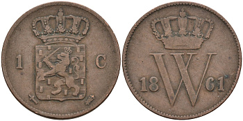 Нидерланды 1 цент 1861 Виллем III (1849-1890) KM 100 медь 4586-456