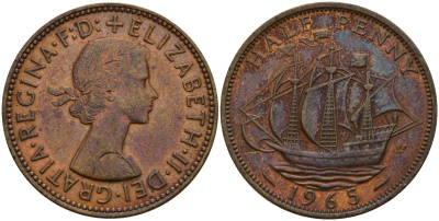 Великобритания 1/2 пенни 1965 Елизавета II (1952-2022) KM 896, Spink 4158 бронза 4159-755