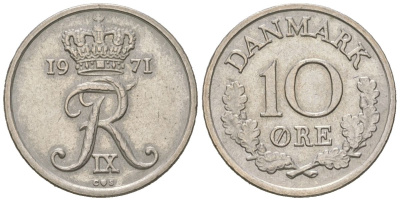 Дания 10 эре 1971 C; S, Фредерик IX (1947-1972) KM 849 медно-никель 211-265