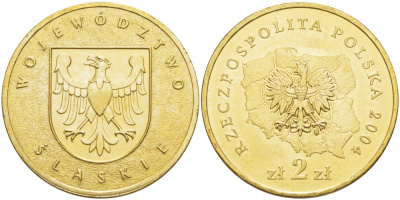 Польша 2 злотых 2004 MW, серия польские воеводства, Силезское воеводство KM 493 нордик UNC 4529-115