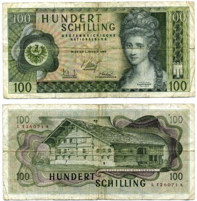 Австрия 100 шиллингов 1969 Анжелика Кауфманн, "Монфор" герб Форарльберга Pick 145a бумага 6280-41-1-1