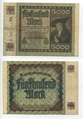 ГЕРМАНИЯ 5000 МАРОК 1922 2 ДЕКАБРЯ 1922, ВОДЯНОЙ ЗНАК Е, В ЗВЁЗДАХ G/D, ДЮРЕР Pick 81а бумага 7217-43-1