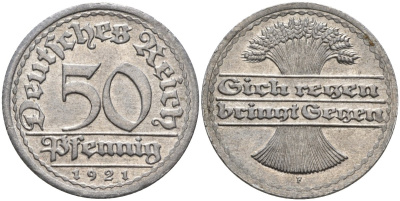Германия 50 пфеннигов 1921 F KM 27, J.301, Weege 10 алюминий UNC 4584-756