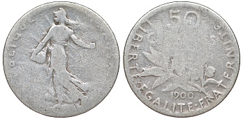 ФРАНЦИЯ 50 САНТИМОВ 1900 KM 854 серебро 4178-256