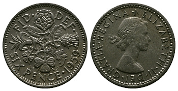 Великобритания 6 пенсов 1959 Елизавета II (1952-2022) KM 903, Spink 4149 медно-никель 4381-716