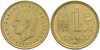 Испания 1 песета 1980 (82) чемпионат мира по футболу 1982 года в Испании, Хуан Карлос I (1975 - 2014) KM 816 алюминиевая бронза 4604-453