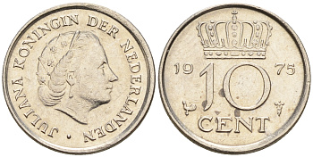 Нидерланды 10 центов 1975 Юлиана (1948-1980) КМ 182 никель    4602-535