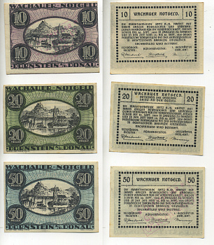 АВСТРИЯ, ВАЧАУ НАБОР ИЗ 3 БАНКНОТ 1920 30 СЕНТЯБРЯ 1920, НОТГЕЛЬД, 10, 20, 50 ГЕЛЛЕРОВ, DURNSTEIN A/D DONAU, ПЕРВЫЙ ВЫПУСК бумага aUNC 70-19-4