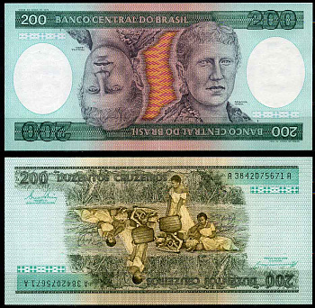 Бразилия 200 крузейро 1984 подпись 21, серия А 3842, Принцесса Изабела Pick 199 b бумага UNC (пресс) 447-20-1-3