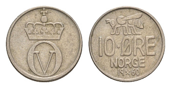 Норвегия 10 эре 1960 Улаф V (1957-1991) KM 411 медно-никель 4632-1146