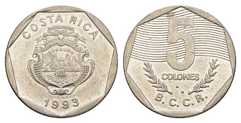 Коста-Рика 5 колонов 1993 KM 214.3 сталь плакированная никелем 4635-1252