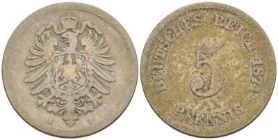 ГЕРМАНИЯ 5 ПФЕННИГОВ 1874 A, СТАРОГЕРБОВКА KM 3, J. 3, Weege 5 медно-никель 206-1053