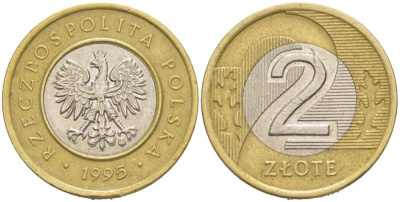Польша 2 злотых 1995 MW KM 283 биметалл 217-621