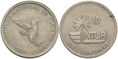 Куба 10 сентаво 1989 туристические деньги, INTUR, цифры номинала маленькие KM 415.2а медно-никель 67-1115
