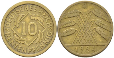 ГЕРМАНИЯ 10 РЕНTЕНПФЕННИГОВ 1924 A KM 33, J. 309, Weege 8 алюминиевая бронза 210-331