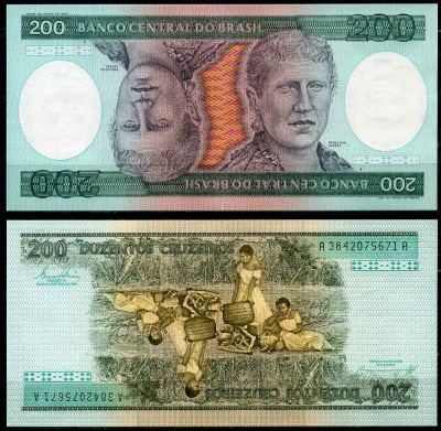 Бразилия 200 крузейро 1984 подпись 21, серия А 3842, Принцесса Изабела Pick 199 b бумага UNC (пресс) 447-20-1-3