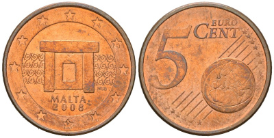 Мальта 5 евроцентов 2008 F KM 127 сталь плакированная медью UNC 4551-1237