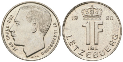 Люксембург 1 франк 1990 Герцог Жан (1964-1999) KM 63 сталь плакированная никелем UNC 4617-1051