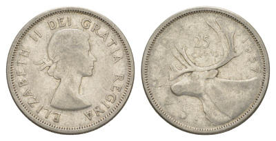 Канада 25 центов 1957 Елизавета II (1952-2022), олень KM 52 серебро 73-1622