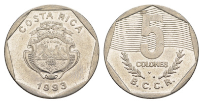Коста-Рика 5 колонов 1993 KM 214.3 сталь плакированная никелем 4635-1252