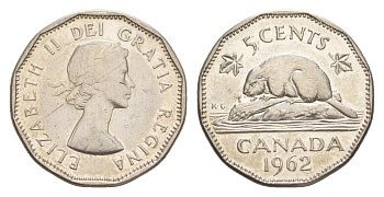 Канада 5 центов 1962 Елизавета II (1952-2022), бобр KM 50a никель 4636-563