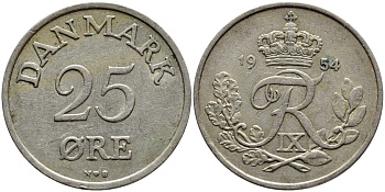 Дания 25 эре 1954 N; S, Фредерик IX (1947-1972) KM 842.1 медно-никель 4398-935
