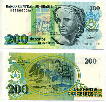 Бразилия 200 крузейро 1990 серия А 13890 Pick 225а бумага аUNC 7222-39-3-2