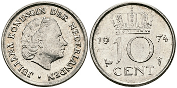 НИДЕРЛАНДЫ 10 ЦЕНТОВ 1974 ЮЛИАНА KM 182 никель 96-413
