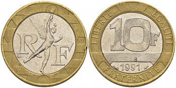 Франция 10 франков 1991 тип Гений Бастилии KM 964.1, Le Frank 375.6 биметалл 4402-1151