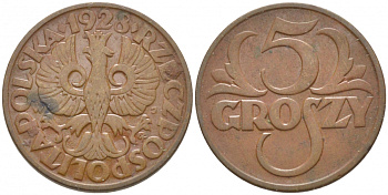 ПОЛЬША 5 ГРОШЕЙ 1928 w KM 10а бронза 110-1011