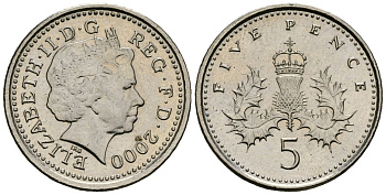 Великобритания 5 пенсов 2000 Елизавета II (1952-2022) KM 988, Spink 4670 (D5) медно-никель 4173-763